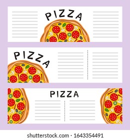Set of banners with pizza. White banners with color image of pepperoni pizza with mushrooms, header and box for text. Template for creating menus, prints and web designs.