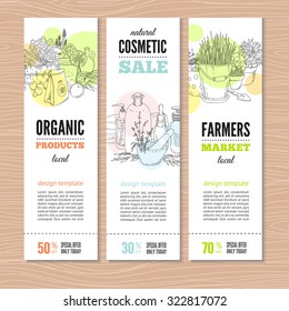 Set of banners with plants, organic cosmetic and garden tools. Perfect design for farm market advertising and bio product business. Modern business identity for bio products and agricultural industry.