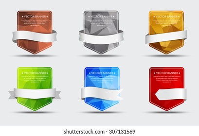 Set of banners with a polygonal background with a white ribbon around them.