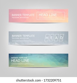 Set of banners with a polygonal geometric background with different design elements and colors. Design of flyers, banners, brochures and cards, Corporate Identity, Advertising printing.