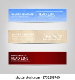Conjunto de banners con un fondo geométrico poligonal con diferentes elementos de diseño y colores. Diseño de folletos, banners, folletos y tarjetas, identidad corporativa, impresión publicitaria.