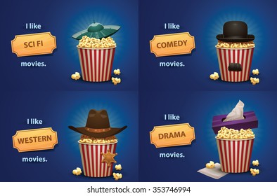 Set of banners with popcorn basket and different elements from different types of movies. Sci fi  with spaceship. Comedy - hat, mustache, Western - cowboy hat, sheriff star. Drama - napkin box. vector