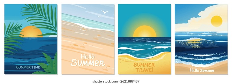 Set of banners, postcards with seashore view with blue wave and sand, palm leaves. Travel concept, holidays, vacation vector illustrations