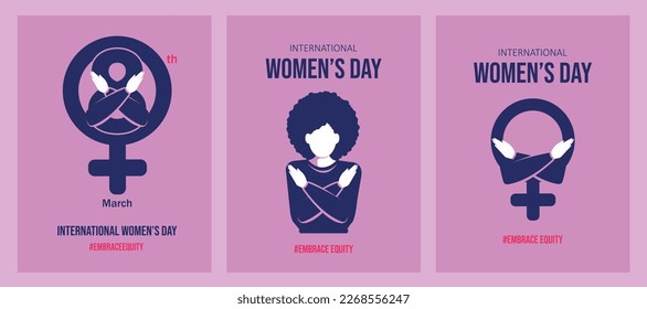  A set of banners, postcards, stickers in delicate lilac colors for International Women's Day. Day of hugs, equality and justice. Gender equality. Women and their rights.