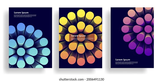 Conjunto de banners o afiches con ilustración abstracta en 3d, formas de cono grandes que forman objetos redondos, formas brillantes sobre fondo oscuro, cubierta digital