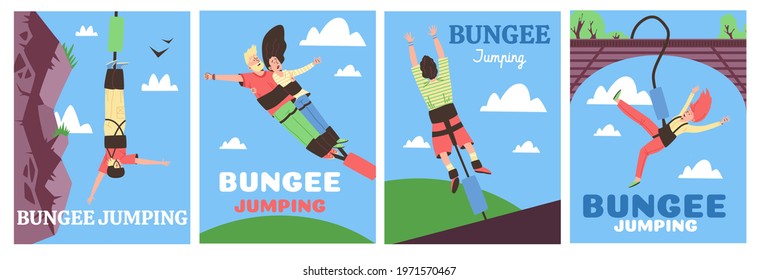 Set of banners or posters for bungee jumps promotion, flat vector illustration. Banners with people doing extreme bungee jumping for entertainment purposes.