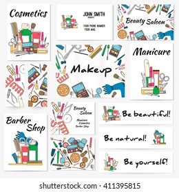 Set of banners, posters and business card with make up artist objects - lipstick, cream, brush. Cosmetics and fashion background. Vector illustration in bright color..