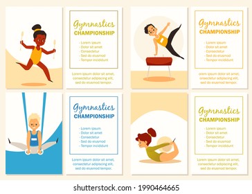 Set banners or posters for children gymnastic championship competition with cute sportive kids characters and copy space for text, flat vector illustration.