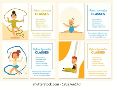Coloca carteles o afiches para niños clases rítmicas de gimnasia con lindos personajes deportivos, ilustración vectorial plana. Los niños portan carteles de promoción gimnástica.