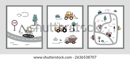 Set of banners, posters for a children's room for boys with construction equipment, tractors, dump trucks and cars, trees, road signs and traffic lights in doodle style. Vector illustration