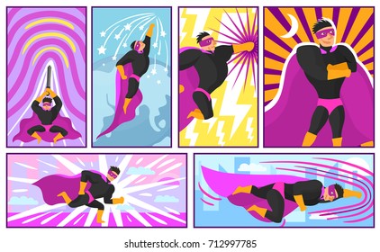 Set of banners and posters in comics style with superhero actions on colorful background isolated vector illustration