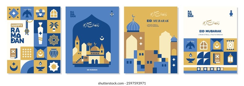 a set of banners, posters, greeting cards and ramadan kareem covers blue color with islamic elements, moon, mosque and islamic icons