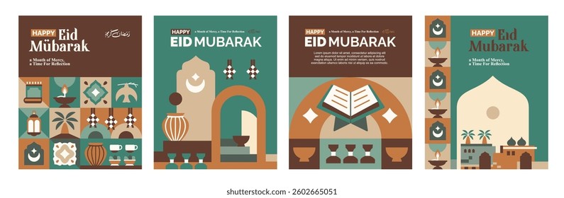  set of banners, posters, greeting cards and ramadan kareem covers with islamic elements, moon, mosque and islamic icons