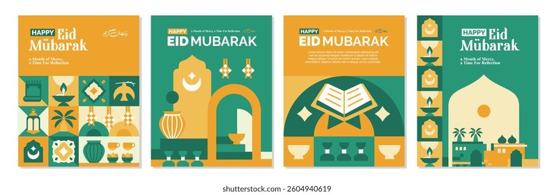 a set of banners, posters, greeting cards and ramadan kareem covers green color with islamic elements, moon, mosque and islamic icons