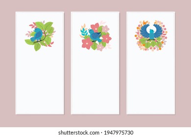 A set of banners, posters, invitations, or flyers with a spring-summer pattern. Design elements with birds, flowers and leaves in the flat style. Vector illustration with space for your text.