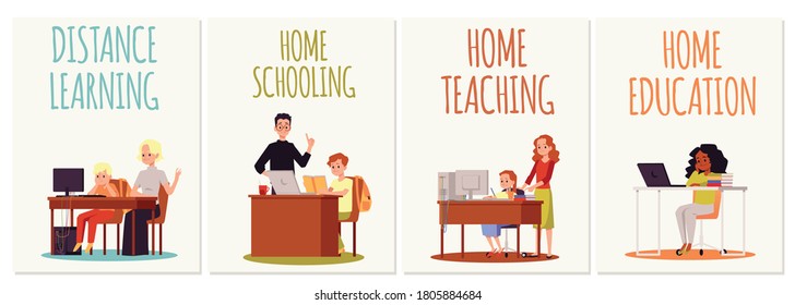 Set of banners or posters of online schooling, teaching, education and distance learning of kids. Children with laptop doing homework. Concept of e-learning. Vector flat illustration