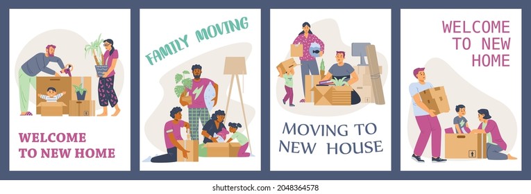 Set of banners or posters for social media with families moving new home, flat vector illustration. New dwelling purchasing and home relocation concept.