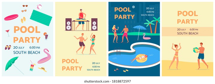 Set of banners or posters for summer pool party with cartoon people, flat vector illustration. Invitation card templates for summer activities in swimming pool.