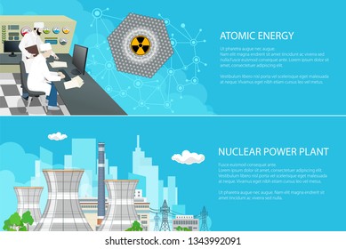 Set of Banners with Power Plant, People near the Control Panel on a Thermal Station, Radiation Sign, Nuclear Reactor and Power Lines on the Background of the City, Vector Illustration