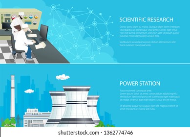 Set Of Banners With Power Plant, People Near The Control Panel , Nuclear Reactor And Power Lines On The Background Of The City, Scientific Research, Vector Illustration