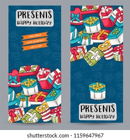 Set of banners with presents. Holiday concept. Advertisement design template.  Vertical orientation. Vector illustration.