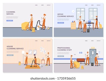 Set of banners for professional cleaning services advertisement, flat vector illustration. Staff of cleaners cartoon characters at work in office and home residence.