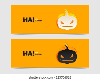 Set banners with pumpkin cut of paper. Flat design. Black and wight evil background.  Happy Halloween. Stock Vector Icon Image Picture Illustration Printed material Logo 