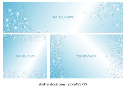 Set of banners with pure water drops or dew pattern as frame. Soft blue blank wallpapers with realistic 3d  rain droplets or condensation on surface. Aqua fresh banner with collagen or water texture