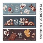 Set of banners with push toys, teddy bear, plush bunnies, baby clothes. Children
