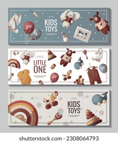 Set of banners with push toys, teddy bear, plush bunnies, baby clothes. Children's toys, kid's shop, playing, childhood, baby care concept. Vector illustration for poster, banner, flyer, sale.