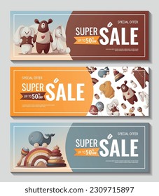 Set of banners with push toys, teddy bear, plush bunnies, baby clothes. Children's toys, kid's shop, playing, childhood, baby care concept. Vector illustration for poster, banner, flyer, sale.