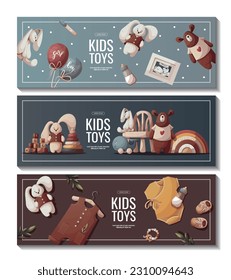 Set of banners with push toys, teddy bear, plush bunnies, baby clothes. Children's toys, kid's shop, playing, childhood, baby care concept. Vector illustration for poster, banner, flyer, sale.