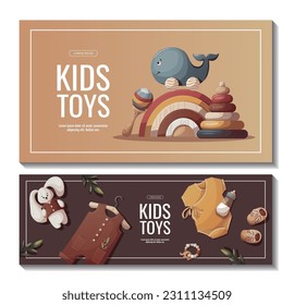 Set of banners with push toys, teddy bear, plush bunnies, baby clothes. Children's toys, kid's shop, playing, childhood, baby care concept. Vector illustration for poster, banner, flyer, sale.