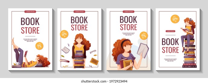 Set of banners with reading women and books. Bookstore, bookshop, library, book lover, bibliophile, education concept. A4 vector illustration for poster, banner, flyer, card, cover, advertising.