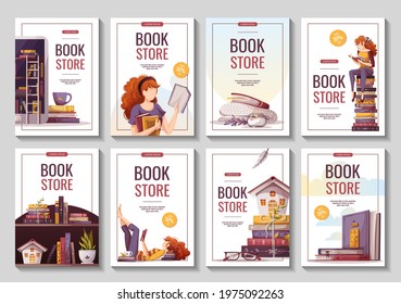 Set of banners with reading women and books. Bookstore, bookshop, library, book lover, bibliophile, education concept. A4 vector illustration for poster, banner, flyer, card, cover, advertising.