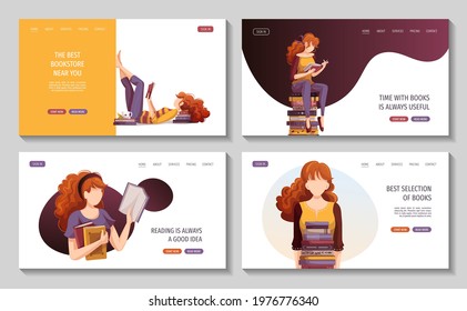 Set of banners with reading women and books. Bookstore, bookshop, library, book lover, bibliophile, education concept. Vector illustration for poster, banner, flyer, card, cover, advertising.