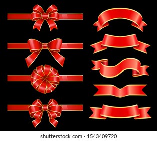 Set of banners and red ribbon bows for decoration of greeting cards and gifts boxes. Swirly stripes with copy space. Design of empty tapes for message placing. Vintage tapes isolated. Vector in flat