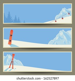 Set Of Banners With Retro Winter Landscape, Vector Illustration, Eps10.