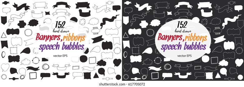 set of banners, ribbons and speech bubbles. Vector hand drawn illustration black and white.  Design elements for cards, flyers