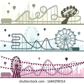 Set of banners of roller-coaster and Ferris Wheel from amusement park.