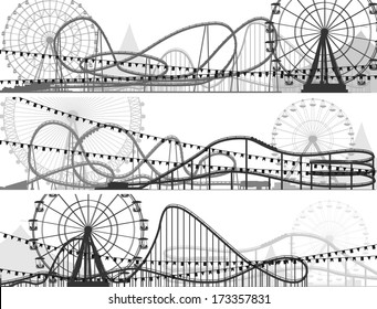 Set of banners of roller-coaster and Ferris Wheel from amusement park.