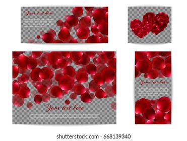Set of banners for romantic congratulations with red rose petals flying on a transparent background.
