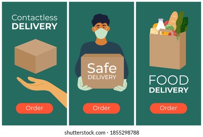 Set of banners for safe delivery service. Advert of order food or goods in internet. Online shop, ecommerce. Man in protective face mask and gloves holds box. Contactless delivery. Vector illustration