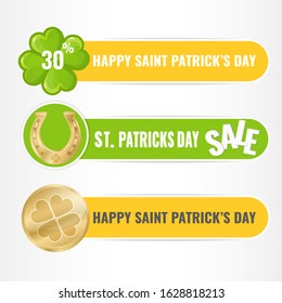 Set of banners for Saint Patricks Day with four-leaf clover, horseshoe and golden coin. Vector image for advertising, web banner, promotion.