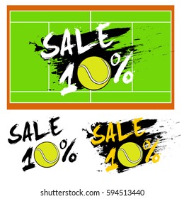 Set banners sale 10 percent with tennis ball. Drawn in a grunge style. Vector illustration