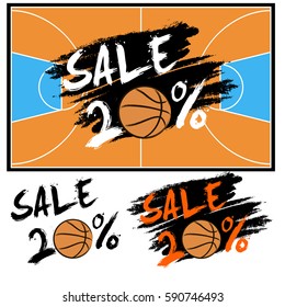 Set banners sale 20 percent with basketball. Drawn in a grunge style. Vector illustration