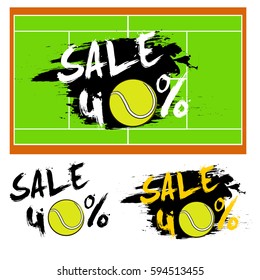 Set banners sale 40 percent with tennis ball. Drawn in a grunge style. Vector illustration