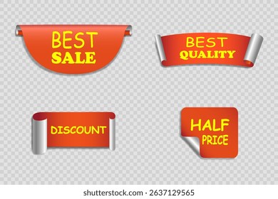 Set of banners for sale made of paper. On a transparent background.