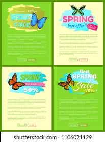 Set of banners sale spring discounts offer labels with butterflies, springtime creatures vector web online posters push buttons read more buy now
