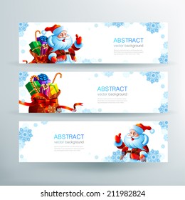 Set of banners. Santa Claus. Bag gifts. Snowflakes. Winter holiday. Happy New Year. Merry Christmas. Stock vector. Icon. Image. Picture. Illustration. Book. Horizontal, title, website